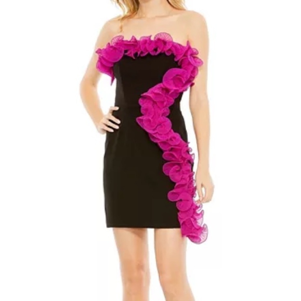 NWT Ieena Mac Duggal Black and Fuchsia Ruffle Mini Dress Size 6
